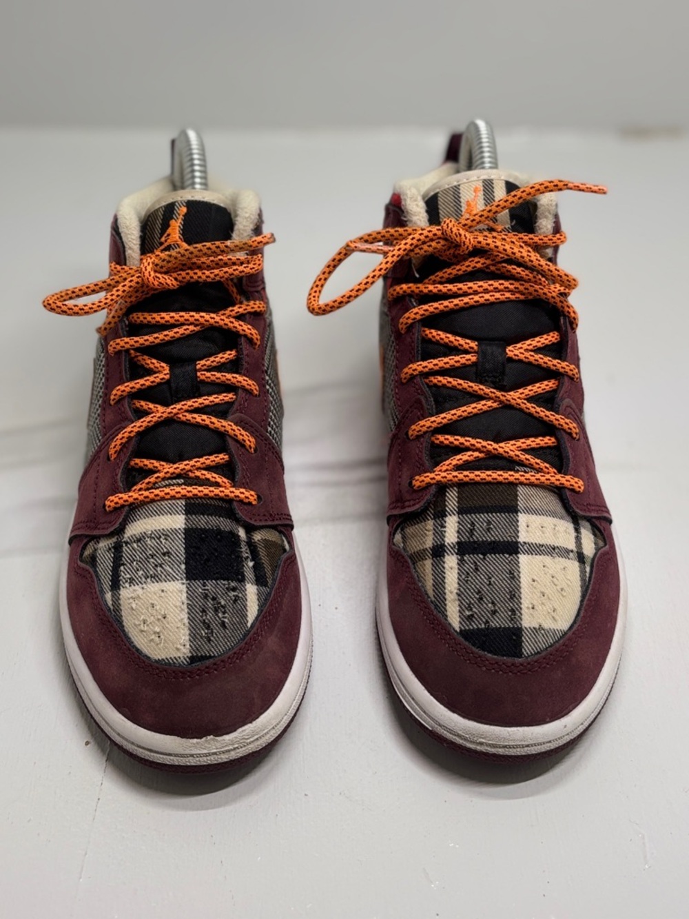 Nike Air Jordan 1 Mid GS Plaid Orange FD5461-608 Youth 3Y Burgundy Wool Sneaker - Picture 4 of 13